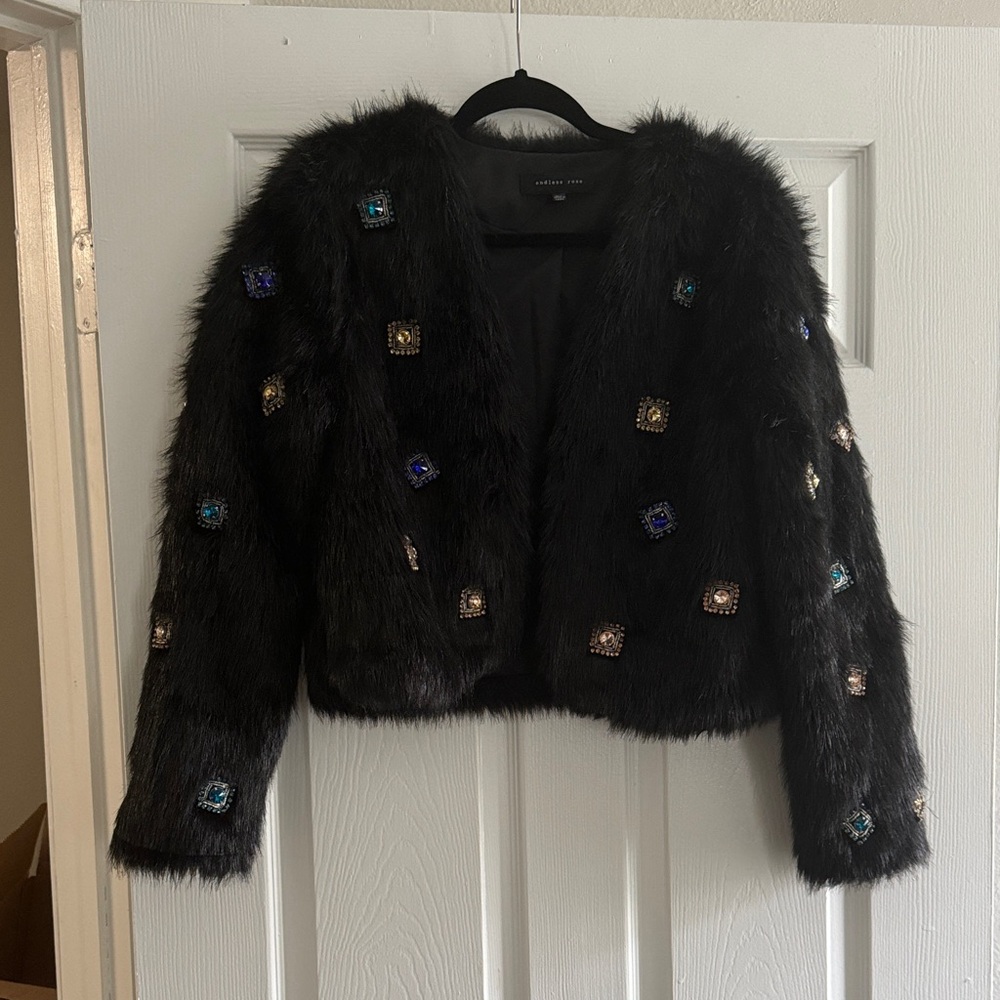Endless Rose Black Faux Fur Jacket with Gem Accents